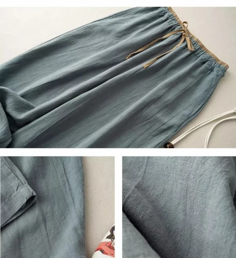 Linen Casual Solid Lace Up Elastic High Waist Loose Wide Leg Women's Pants Ankle-Length Pants For Women Clothing 2024 Fashion
