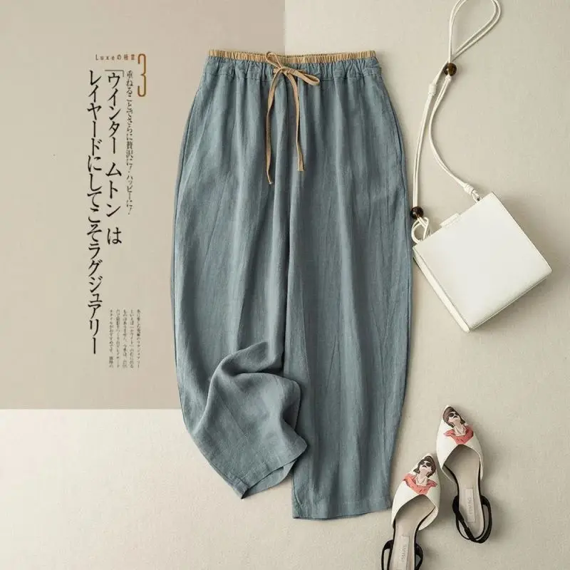 Linen Casual Solid Lace Up Elastic High Waist Loose Wide Leg Women's Pants Ankle-Length Pants For Women Clothing 2024 Fashion