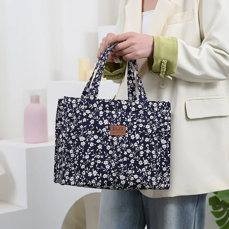 New Style Nylon Printing Thickened Large Capacity Handbag, Work Portable Zipper Semi-Closed Lunch Box Storage Bag, Bento Bag
