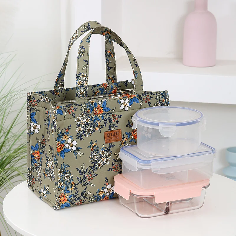New Style Nylon Printing Thickened Large Capacity Handbag, Work Portable Zipper Semi-Closed Lunch Box Storage Bag, Bento Bag