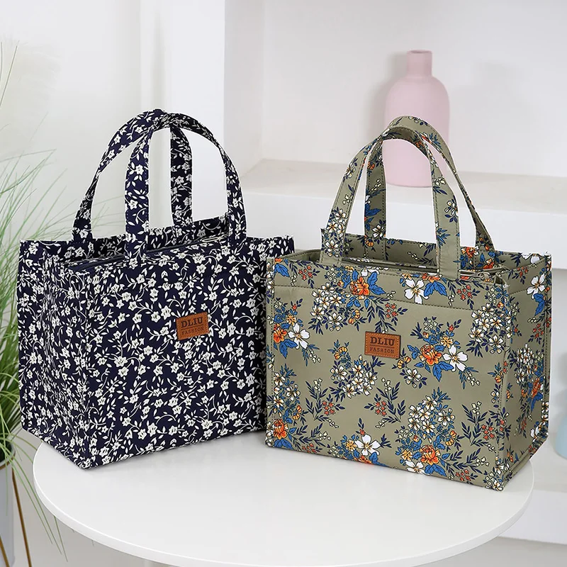 New Style Nylon Printing Thickened Large Capacity Handbag, Work Portable Zipper Semi-Closed Lunch Box Storage Bag, Bento Bag