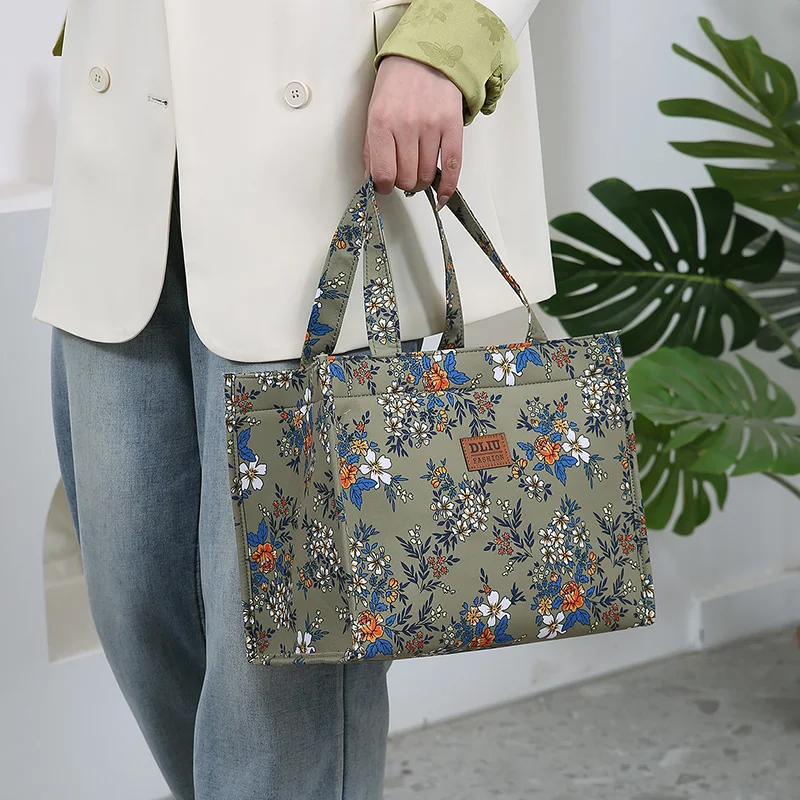 New Style Nylon Printing Thickened Large Capacity Handbag, Work Portable Zipper Semi-Closed Lunch Box Storage Bag, Bento Bag