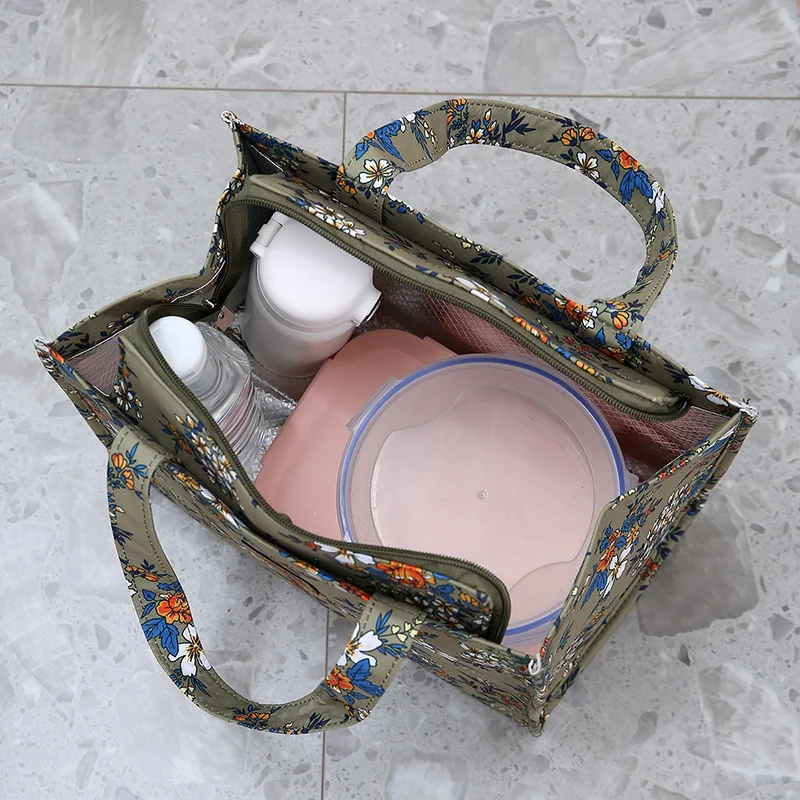 New Style Nylon Printing Thickened Large Capacity Handbag, Work Portable Zipper Semi-Closed Lunch Box Storage Bag, Bento Bag