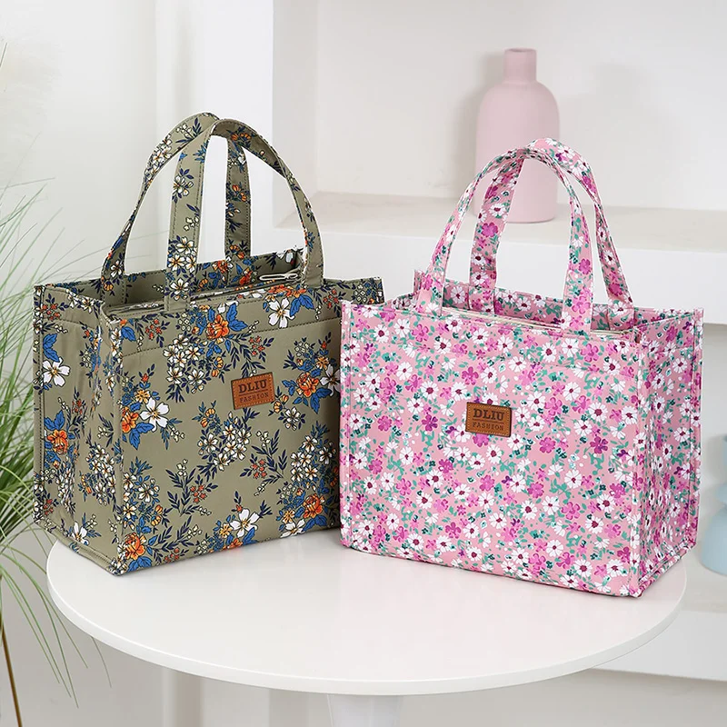 New Style Nylon Printing Thickened Large Capacity Handbag, Work Portable Zipper Semi-Closed Lunch Box Storage Bag, Bento Bag