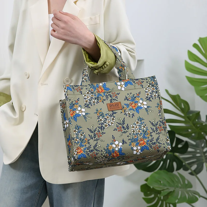 New Style Nylon Printing Thickened Large Capacity Handbag, Work Portable Zipper Semi-Closed Lunch Box Storage Bag, Bento Bag