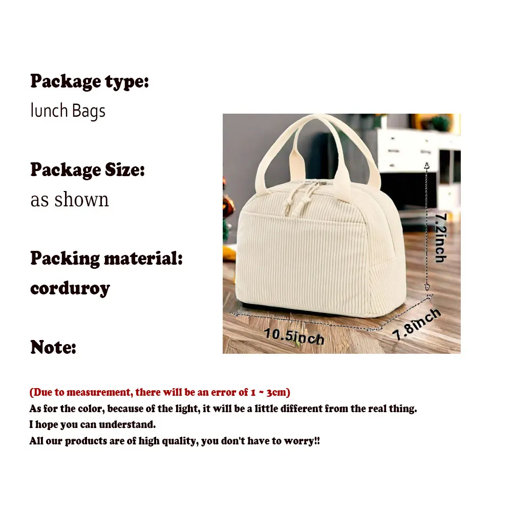Corduroy Lunch Bag Thermal Insulation Lunch Box Storage Handbag Multifunctional Kid School Cooler Bag Picnic FoodPouch Loncheras