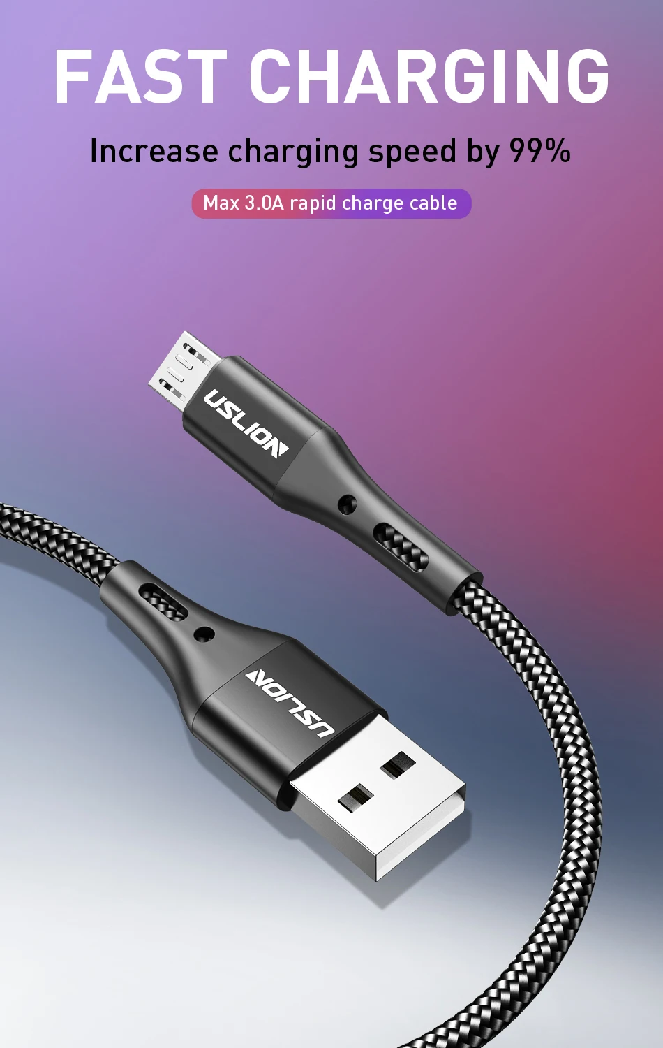 USLION 3A Micro USB Cable Fast Charging for Samsung Xiaomi Huawei Realme OPPO Android Mobile Phone USB Data Wire Cord 0.5/1/2/3M