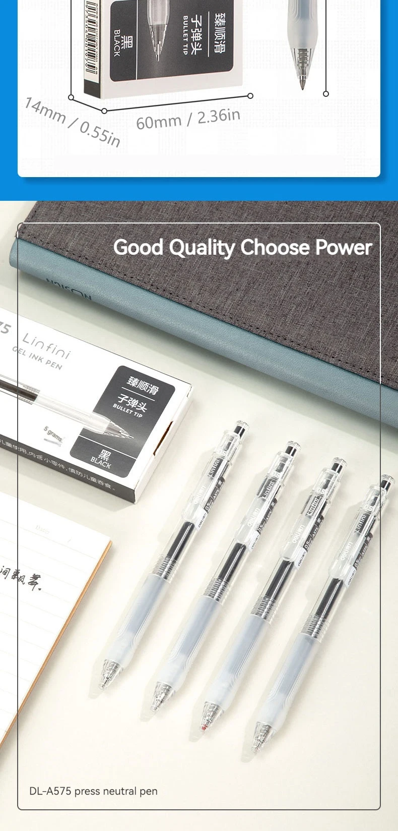 Deli-5Pcs Retractable Gel Pen,Black Ink Ballpoint for Writing,Office and School Supplies,Stationery,0.5mm
