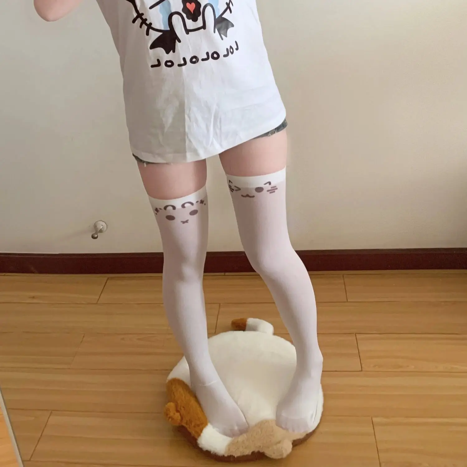 Japanese Kawaii Expression Thigh Socks White Print Long Socks JK Harajuku Over Knee Thigh High Stockings Y2K Cosplay Socks