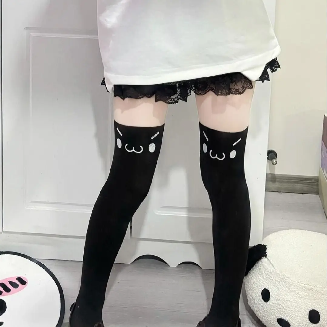 Japanese Kawaii Expression Thigh Socks White Print Long Socks JK Harajuku Over Knee Thigh High Stockings Y2K Cosplay Socks
