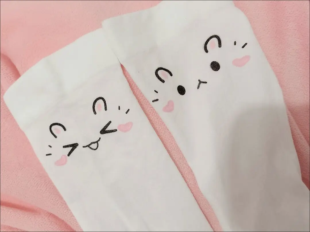 Japanese Kawaii Expression Thigh Socks White Print Long Socks JK Harajuku Over Knee Thigh High Stockings Y2K Cosplay Socks