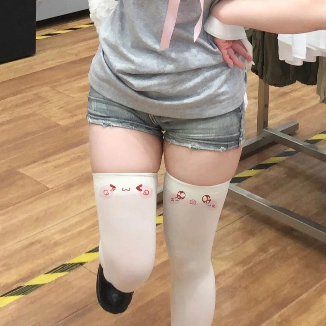 Japanese Kawaii Expression Thigh Socks White Print Long Socks JK Harajuku Over Knee Thigh High Stockings Y2K Cosplay Socks