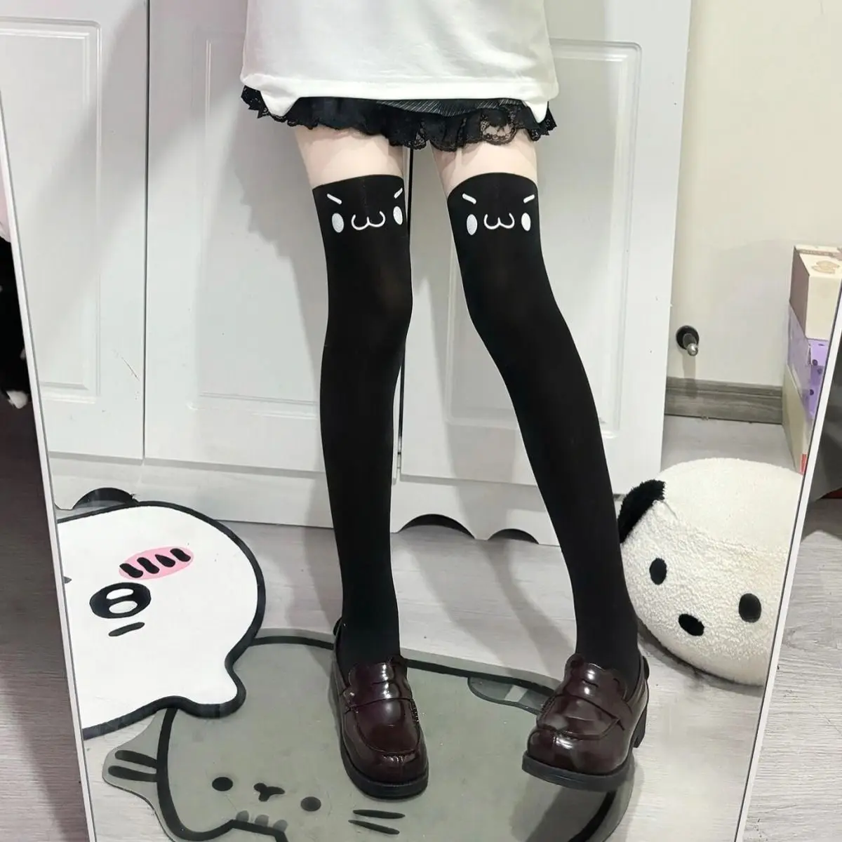 Japanese Kawaii Expression Thigh Socks White Print Long Socks JK Harajuku Over Knee Thigh High Stockings Y2K Cosplay Socks
