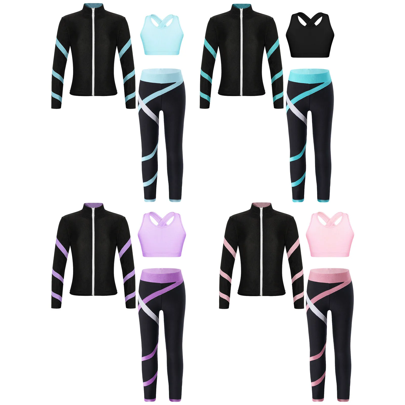 Teen Girls Figure Skating Sports Suit 3Pcs Bra Tops Shorts Leggings Jacket Set for Workout Gymnastics Fitness Yoga Training