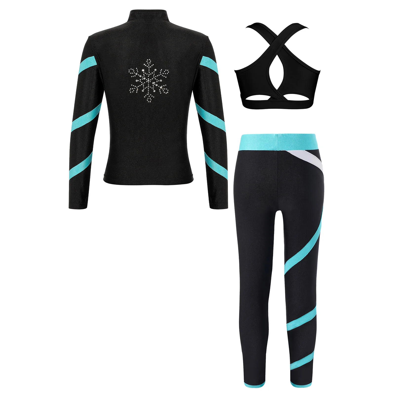 Teen Girls Figure Skating Sports Suit 3Pcs Bra Tops Shorts Leggings Jacket Set for Workout Gymnastics Fitness Yoga Training