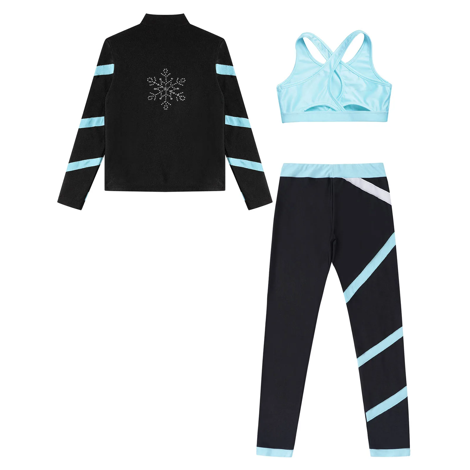 Teen Girls Figure Skating Sports Suit 3Pcs Bra Tops Shorts Leggings Jacket Set for Workout Gymnastics Fitness Yoga Training