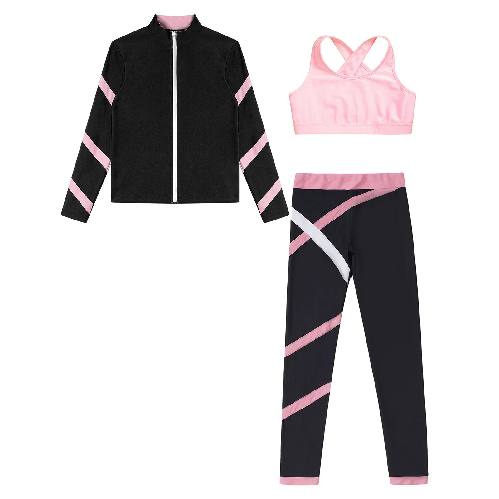 Teen Girls Figure Skating Sports Suit 3Pcs Bra Tops Shorts Leggings Jacket Set for Workout Gymnastics Fitness Yoga Training