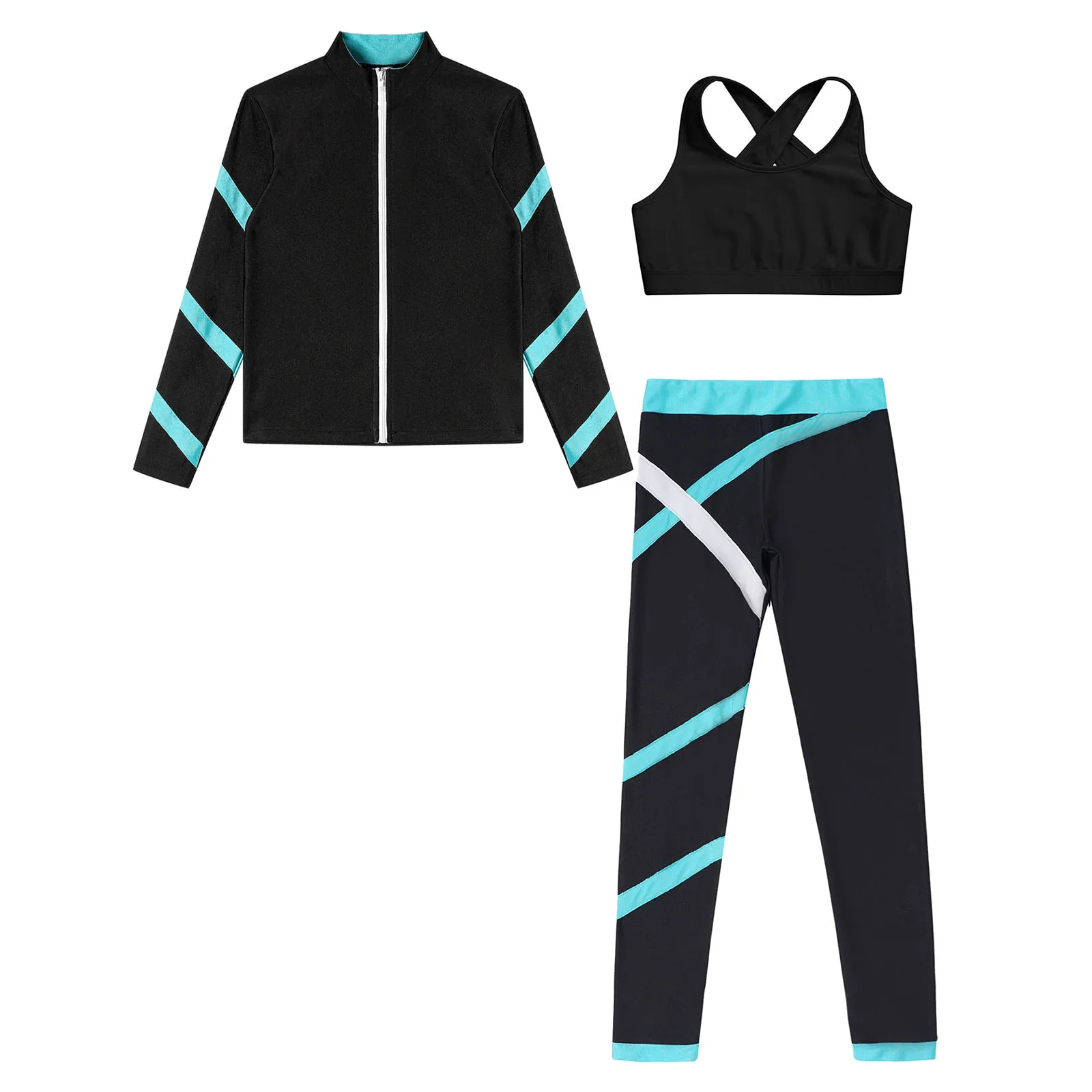 Teen Girls Figure Skating Sports Suit 3Pcs Bra Tops Shorts Leggings Jacket Set for Workout Gymnastics Fitness Yoga Training