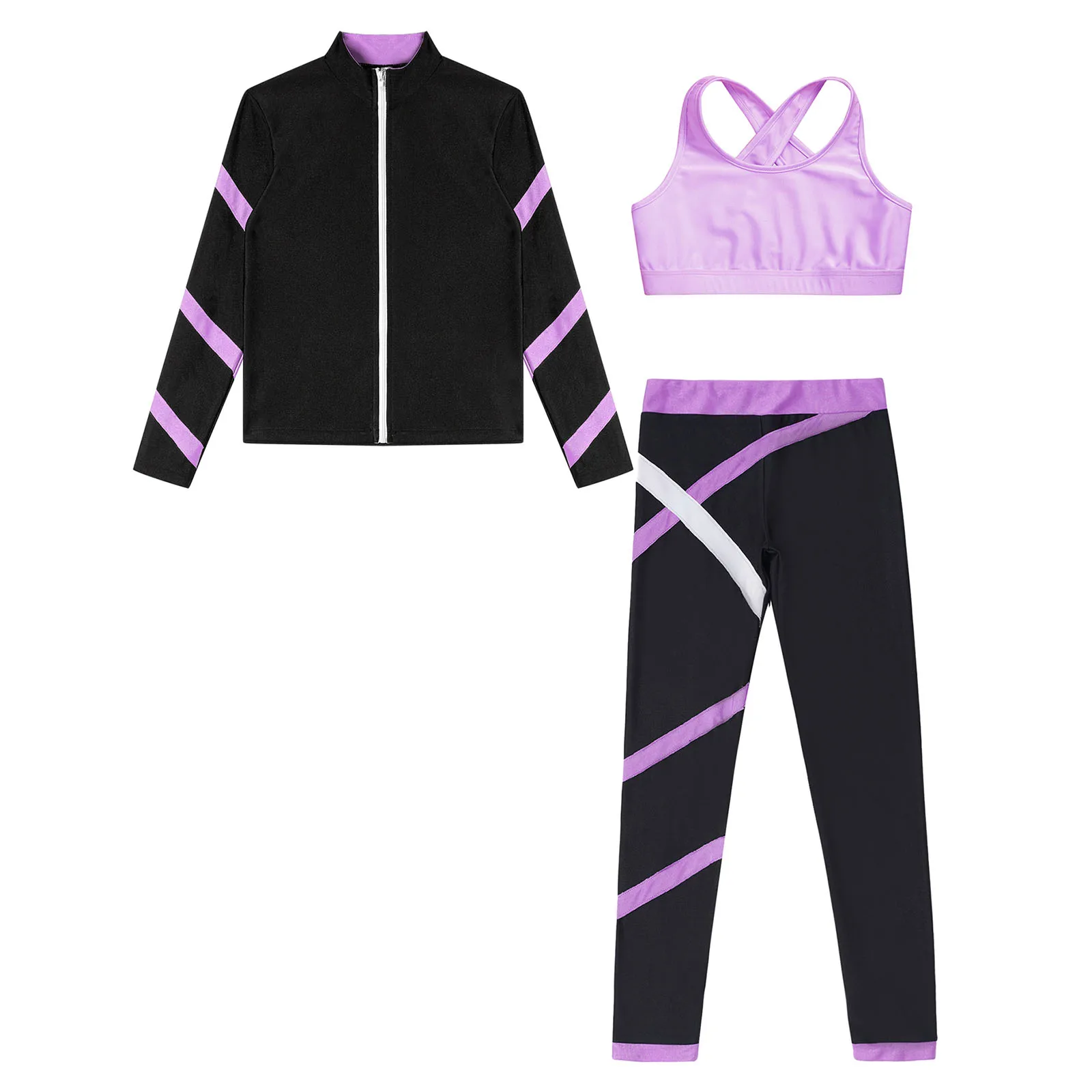 Teen Girls Figure Skating Sports Suit 3Pcs Bra Tops Shorts Leggings Jacket Set for Workout Gymnastics Fitness Yoga Training
