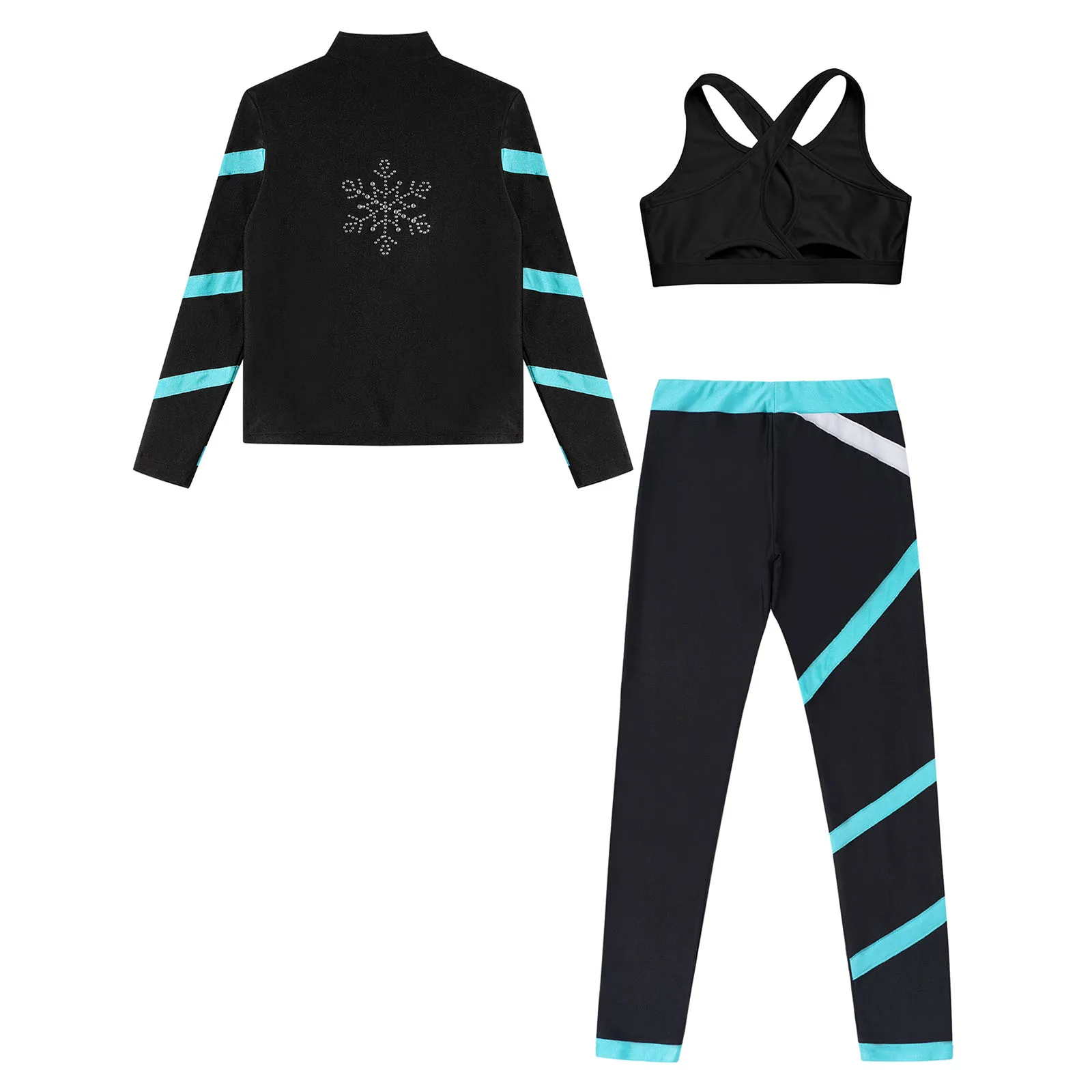 Teen Girls Figure Skating Sports Suit 3Pcs Bra Tops Shorts Leggings Jacket Set for Workout Gymnastics Fitness Yoga Training