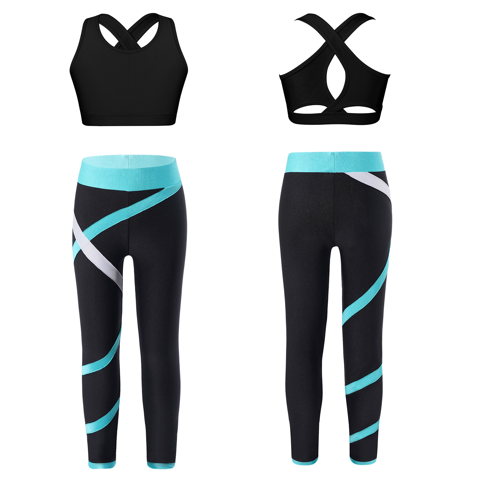 Teen Girls Figure Skating Sports Suit 3Pcs Bra Tops Shorts Leggings Jacket Set for Workout Gymnastics Fitness Yoga Training
