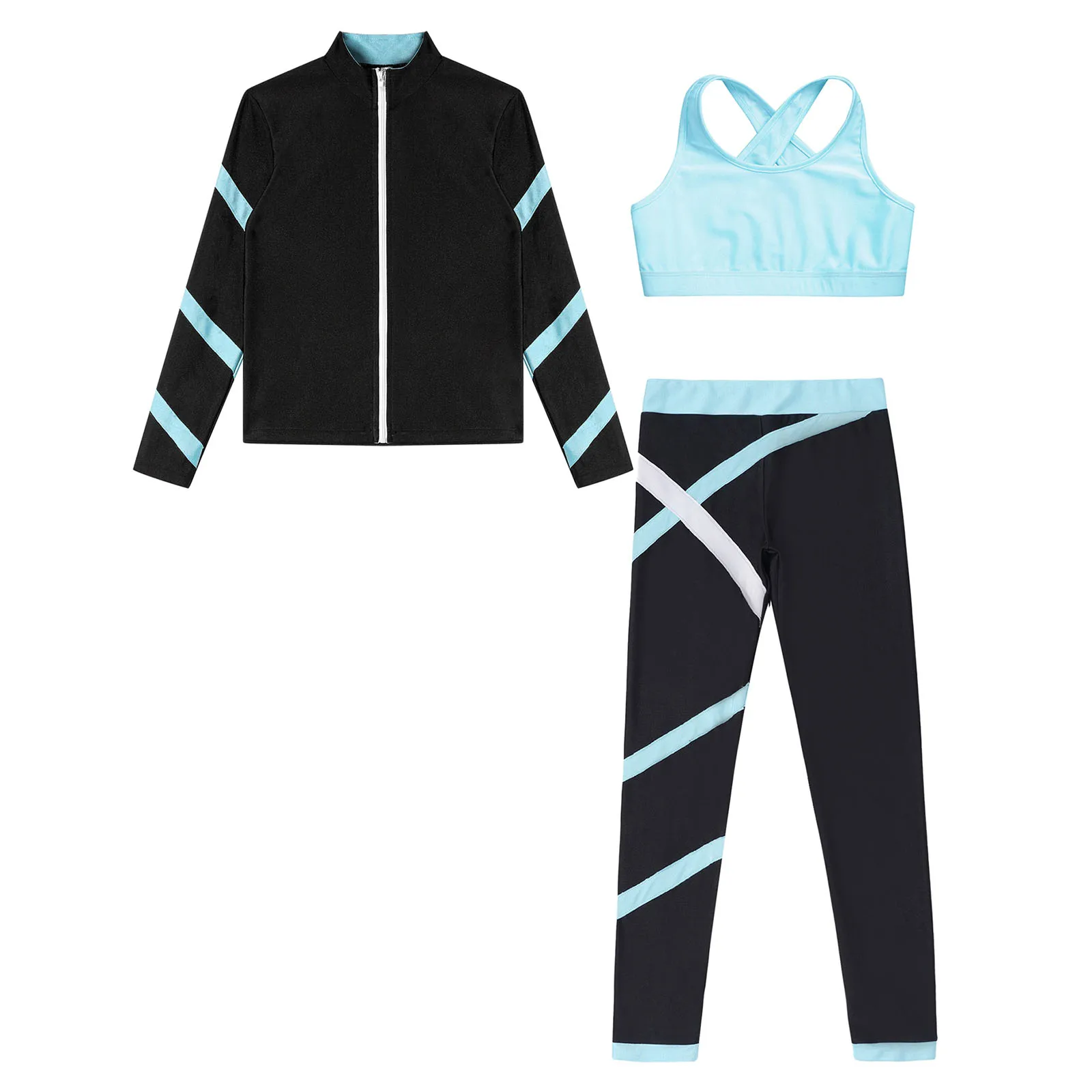 Teen Girls Figure Skating Sports Suit 3Pcs Bra Tops Shorts Leggings Jacket Set for Workout Gymnastics Fitness Yoga Training