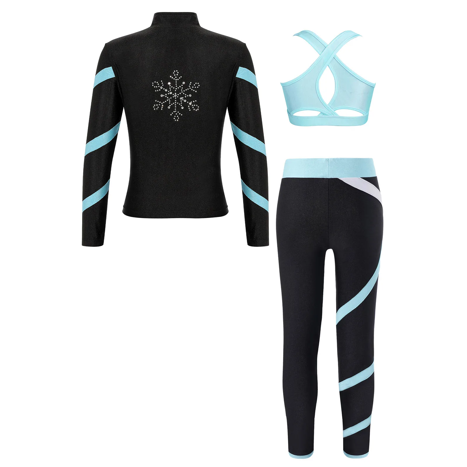 Teen Girls Figure Skating Sports Suit 3Pcs Bra Tops Shorts Leggings Jacket Set for Workout Gymnastics Fitness Yoga Training