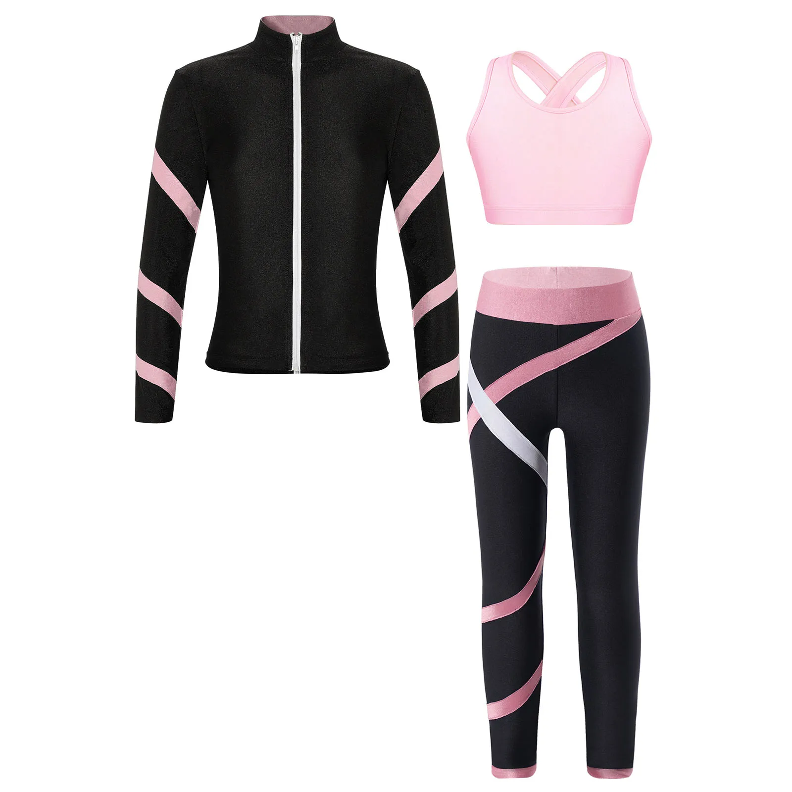 Teen Girls Figure Skating Sports Suit 3Pcs Bra Tops Shorts Leggings Jacket Set for Workout Gymnastics Fitness Yoga Training