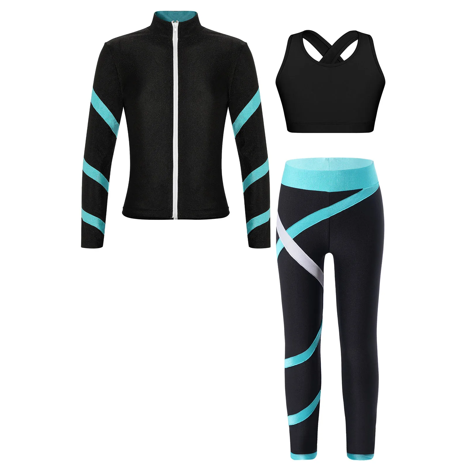 Teen Girls Figure Skating Sports Suit 3Pcs Bra Tops Shorts Leggings Jacket Set for Workout Gymnastics Fitness Yoga Training