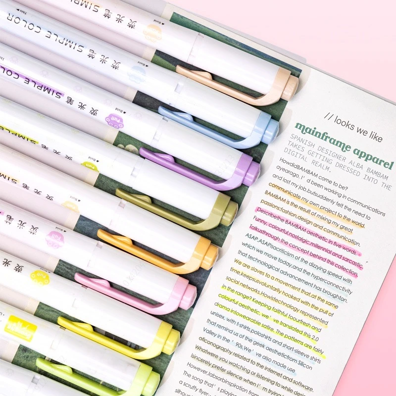 5pcs Pastel Highlighters Colors Dual Tip Fluorescent Hook Pen Colored Mark Pen Cute Markers for Journaling Japanese Stationery
