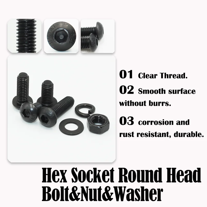 2510p Hex Hexagon Socket Button Head Screw Kit M2 M2.5 M3 M4 M5 M6 Black 10.9 Grade Allen Screws Bolts with Nuts Washer ISO7380