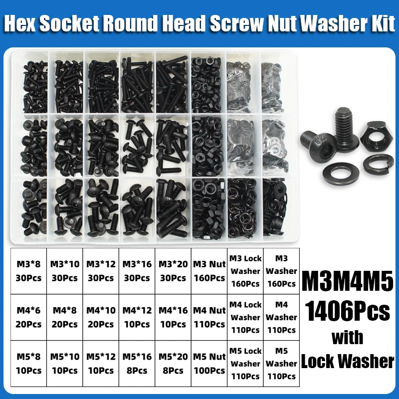 2510p Hex Hexagon Socket Button Head Screw Kit M2 M2.5 M3 M4 M5 M6 Black 10.9 Grade Allen Screws Bolts with Nuts Washer ISO7380
