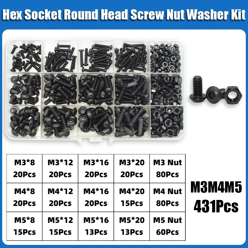 2510p Hex Hexagon Socket Button Head Screw Kit M2 M2.5 M3 M4 M5 M6 Black 10.9 Grade Allen Screws Bolts with Nuts Washer ISO7380