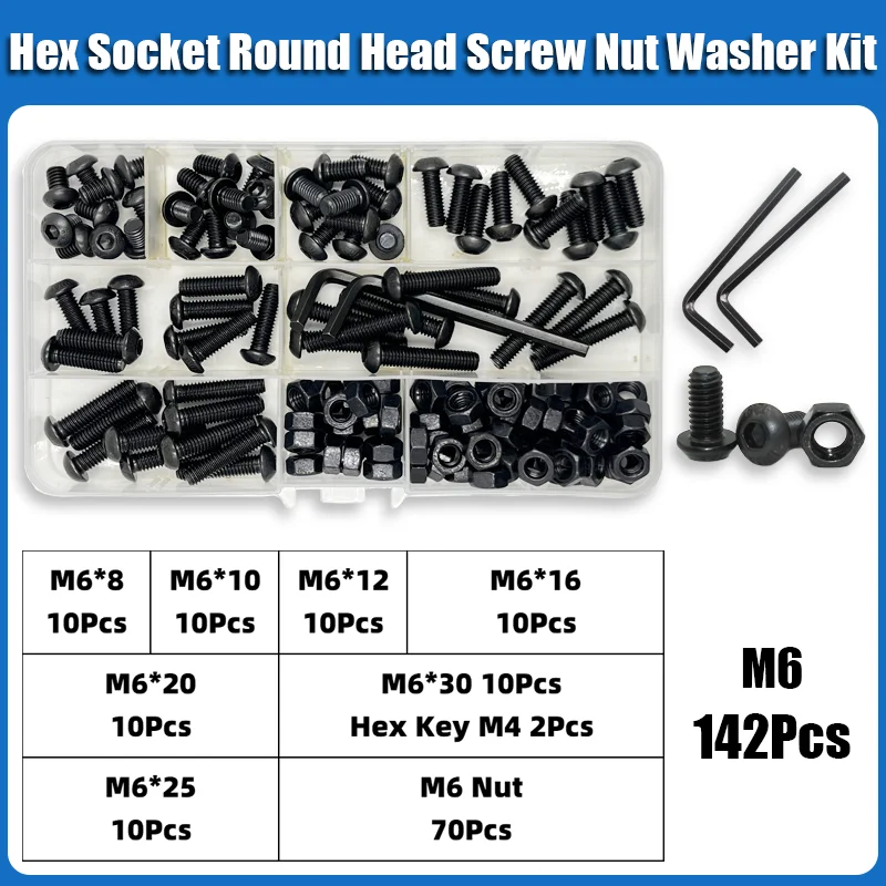 2510p Hex Hexagon Socket Button Head Screw Kit M2 M2.5 M3 M4 M5 M6 Black 10.9 Grade Allen Screws Bolts with Nuts Washer ISO7380