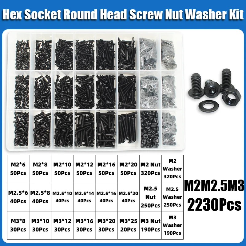 2510p Hex Hexagon Socket Button Head Screw Kit M2 M2.5 M3 M4 M5 M6 Black 10.9 Grade Allen Screws Bolts with Nuts Washer ISO7380