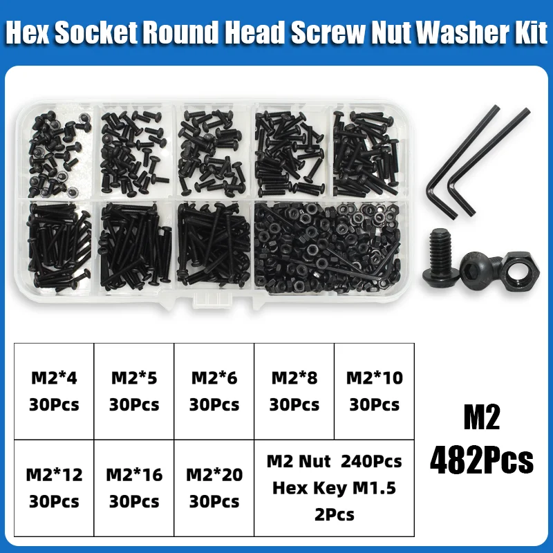 2510p Hex Hexagon Socket Button Head Screw Kit M2 M2.5 M3 M4 M5 M6 Black 10.9 Grade Allen Screws Bolts with Nuts Washer ISO7380