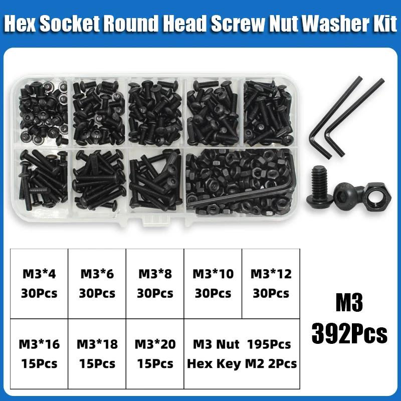 2510p Hex Hexagon Socket Button Head Screw Kit M2 M2.5 M3 M4 M5 M6 Black 10.9 Grade Allen Screws Bolts with Nuts Washer ISO7380