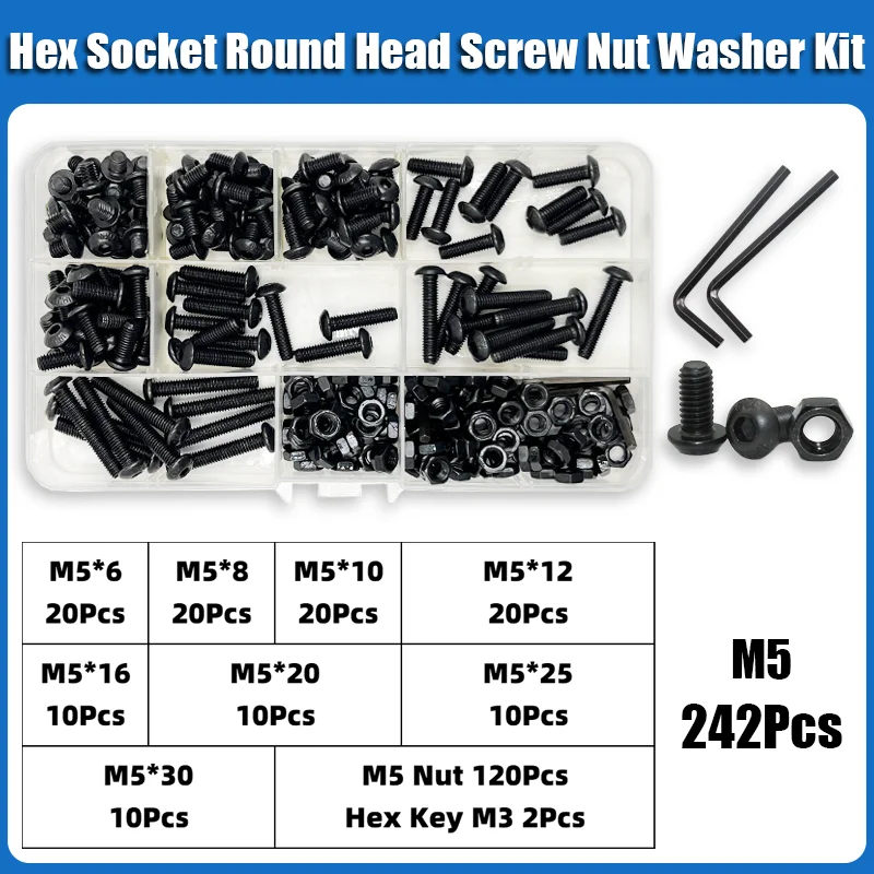 2510p Hex Hexagon Socket Button Head Screw Kit M2 M2.5 M3 M4 M5 M6 Black 10.9 Grade Allen Screws Bolts with Nuts Washer ISO7380