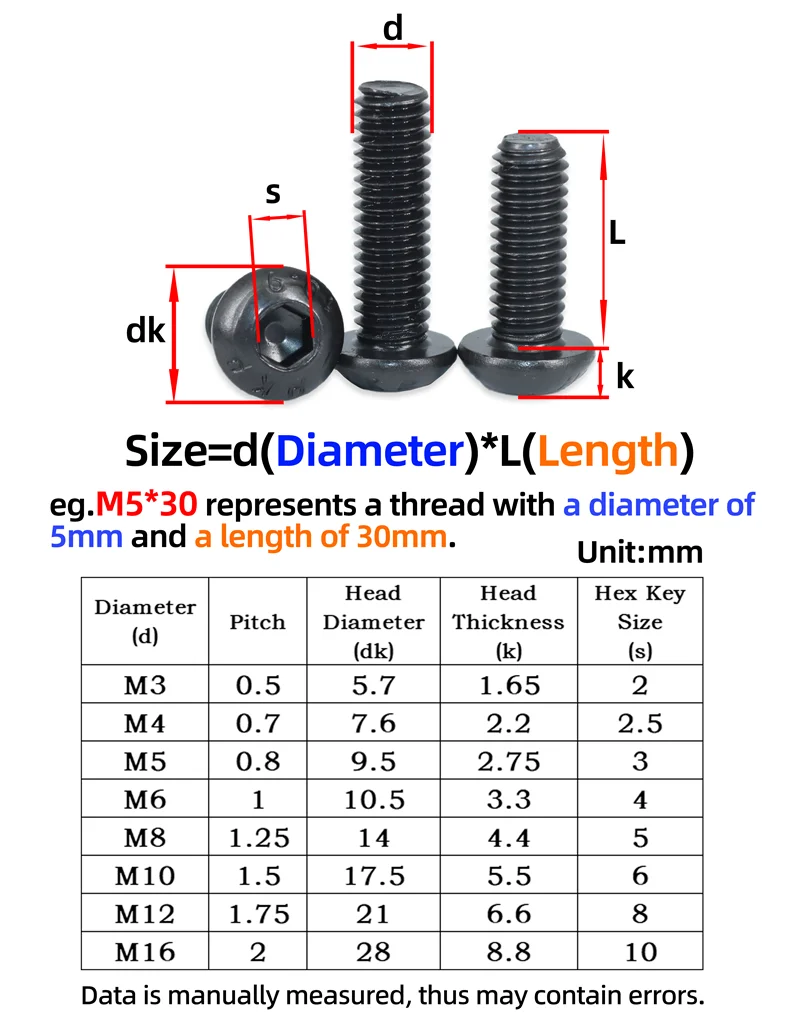 2510p Hex Hexagon Socket Button Head Screw Kit M2 M2.5 M3 M4 M5 M6 Black 10.9 Grade Allen Screws Bolts with Nuts Washer ISO7380