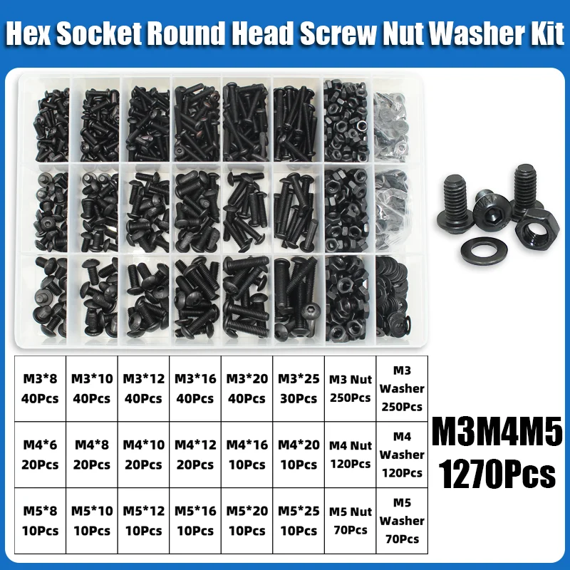 2510p Hex Hexagon Socket Button Head Screw Kit M2 M2.5 M3 M4 M5 M6 Black 10.9 Grade Allen Screws Bolts with Nuts Washer ISO7380