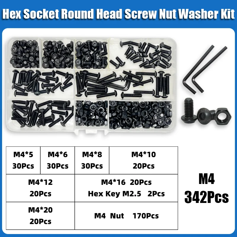 2510p Hex Hexagon Socket Button Head Screw Kit M2 M2.5 M3 M4 M5 M6 Black 10.9 Grade Allen Screws Bolts with Nuts Washer ISO7380