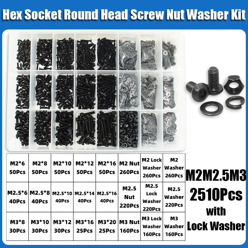 2510p Hex Hexagon Socket Button Head Screw Kit M2 M2.5 M3 M4 M5 M6 Black 10.9 Grade Allen Screws Bolts with Nuts Washer ISO7380