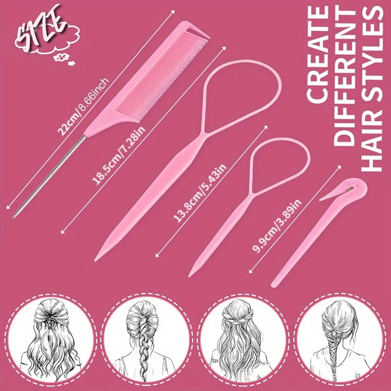 4/5pcs/Set Hair Loop Tool Set 2pcs French Braid Tool Loop 1pc Rat Tail Comb 1pc Elastic Hair Rubber Bands Remover Cutter