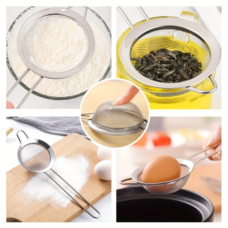 3pcs Fine Mesh Strainers Set Stainless Steel Multipurpose Flour Sieve Sifter With Handle Perfect For Tea Flour Egg Kitchen Tool