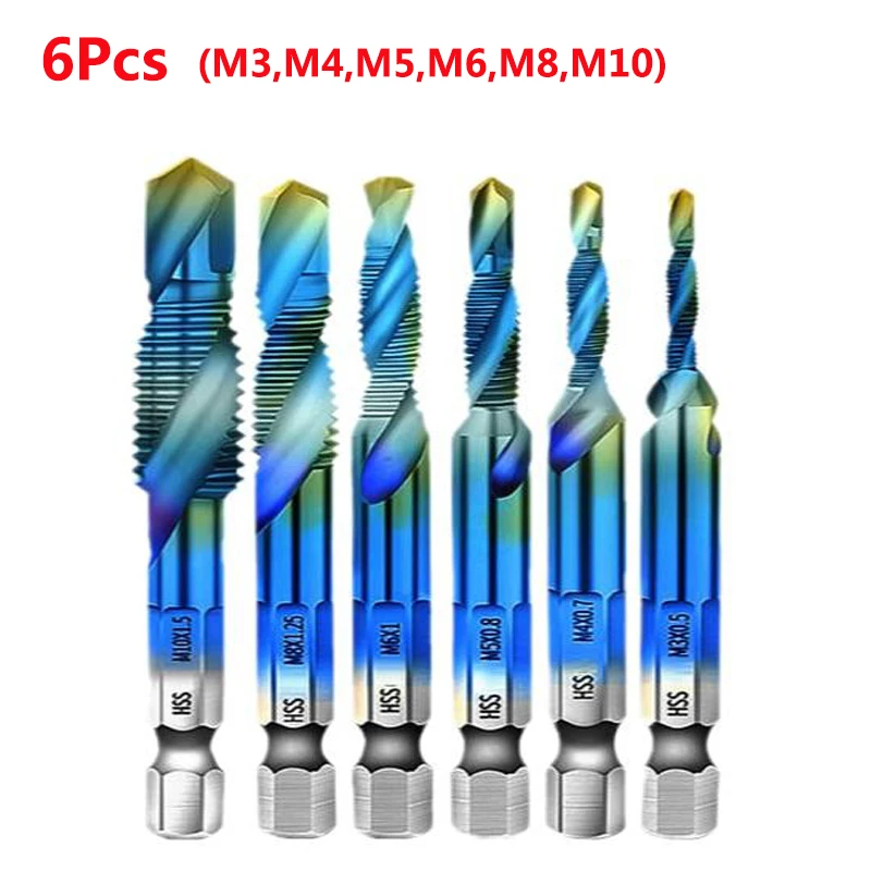 Hex Shank Titanium Plated HSS Screw Thread Metric Tap Drill Bits Screw Machine Compound Tap M3 M4 M5 M6 M8 M10 Hand Tools