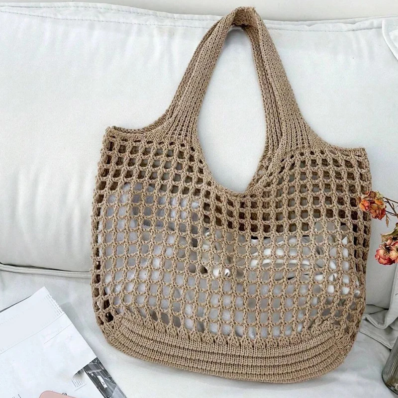 Women Crochet Tote Bag Hollow Beach Bag Large Capacity Fashion Knitted Bag Solid Color Simple Shopping Bag for Travel Vacation