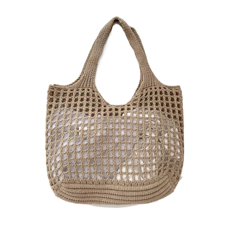 Women Crochet Tote Bag Hollow Beach Bag Large Capacity Fashion Knitted Bag Solid Color Simple Shopping Bag for Travel Vacation