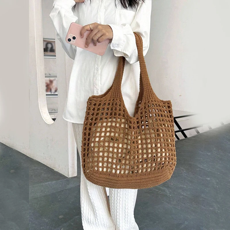 Women Crochet Tote Bag Hollow Beach Bag Large Capacity Fashion Knitted Bag Solid Color Simple Shopping Bag for Travel Vacation