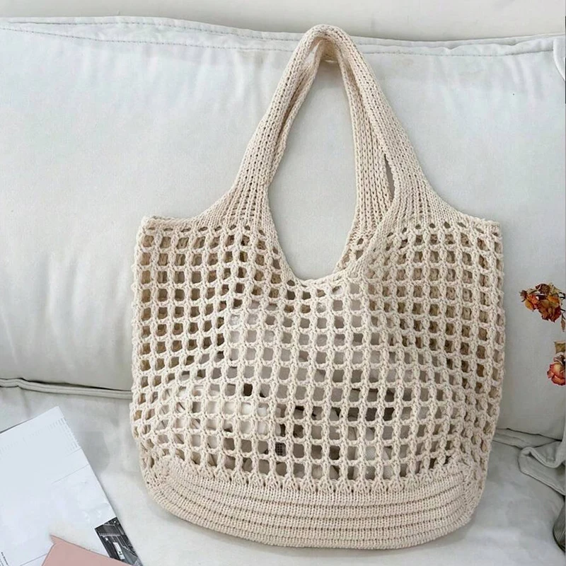 Women Crochet Tote Bag Hollow Beach Bag Large Capacity Fashion Knitted Bag Solid Color Simple Shopping Bag for Travel Vacation