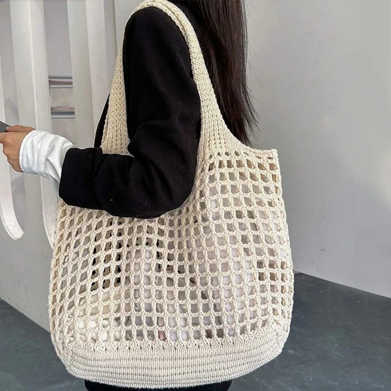 Women Crochet Tote Bag Hollow Beach Bag Large Capacity Fashion Knitted Bag Solid Color Simple Shopping Bag for Travel Vacation